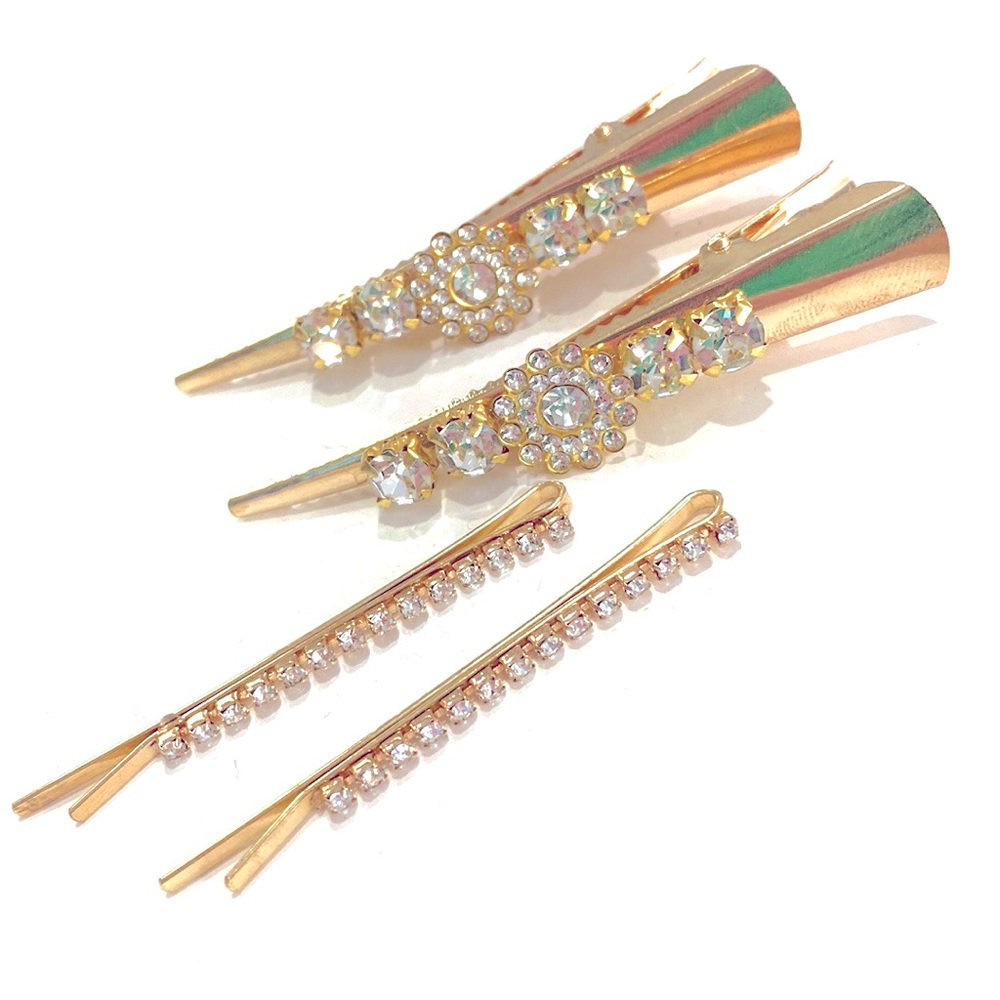 Updo Hair Clips Bobby Pins 4 Piece Set Gold Tone Rhinestones